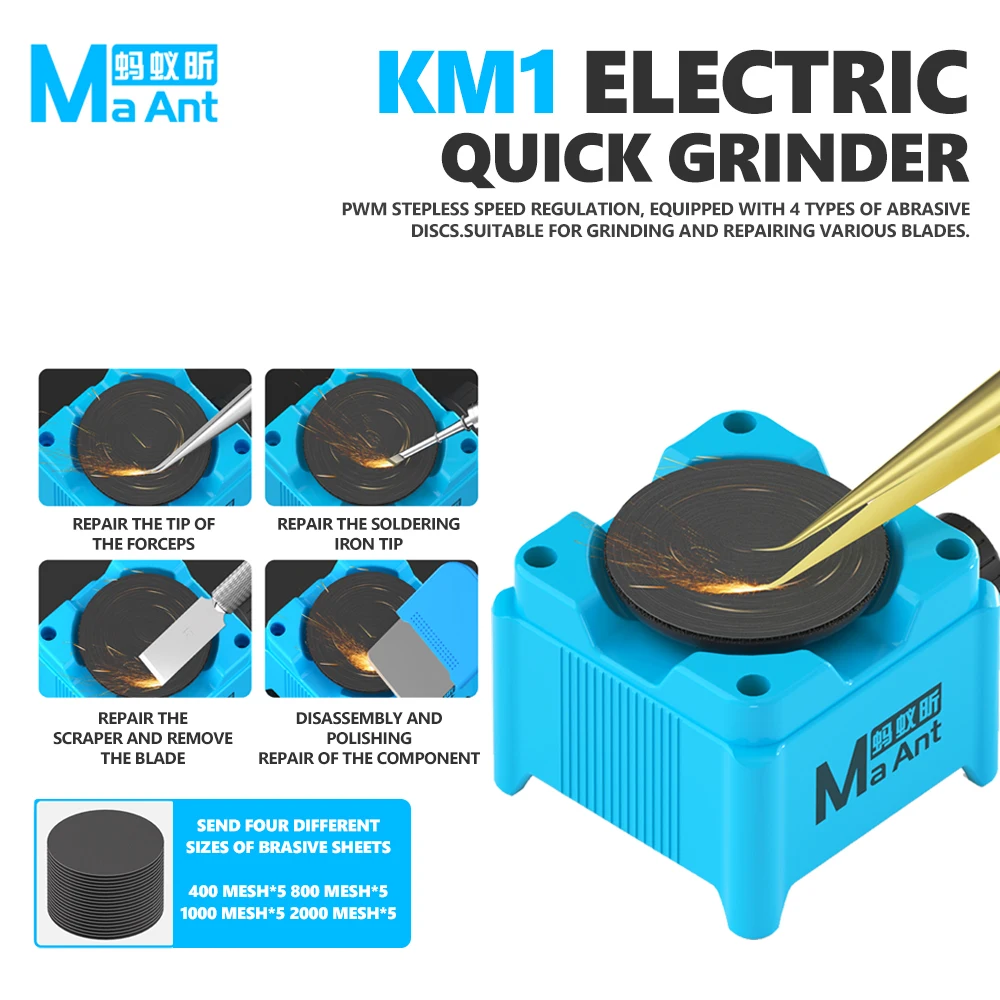 Electronics Repair Tools - MaAnt KM1 電気グラインダー。7000～15000回転/分。電子機器の修理、研磨、ピンセット、ナイフ、はんだごて先端、スクレーパー、金属工具などに使用。